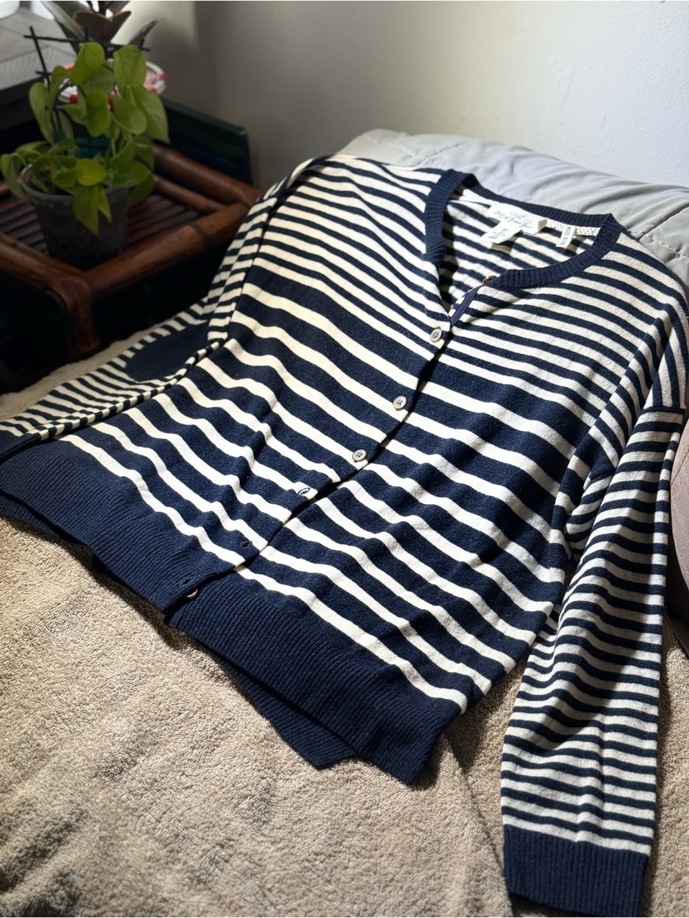 H&M Navy and White Striped Button-Front Women's Cardigan